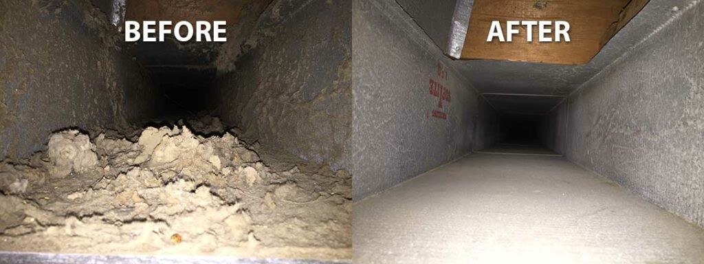 Before and after image of duct cleaning services – one side has dusty vents, and the other side has clean vents