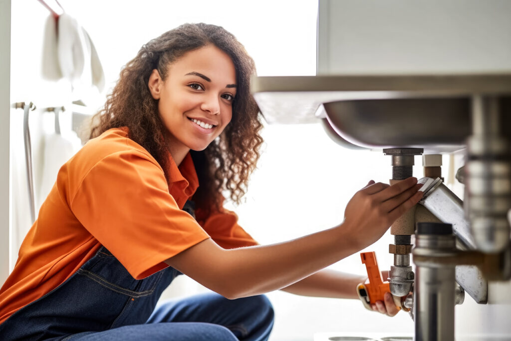 Woman plumber working near metal pipes indoor, female professional occupation.