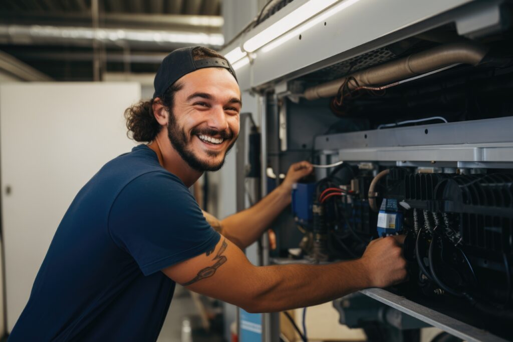 Portrait of a young male technician working on air control unit