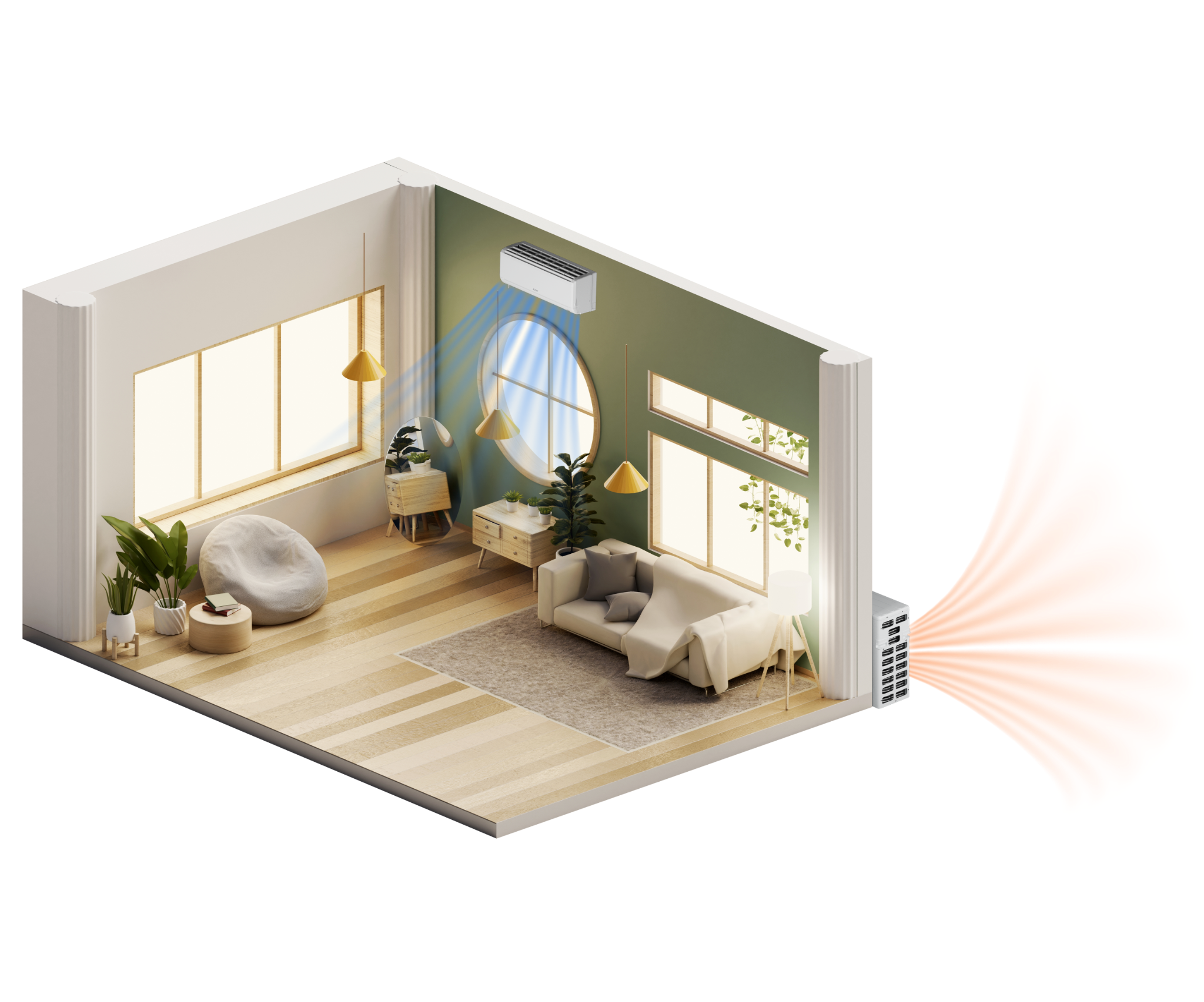 Mitsubishi Ductless Mini-Splits in Southeastern Wisconsin 4 Single-zone ductless cooling illustration showing one indoor unit connected to one outdoor unit